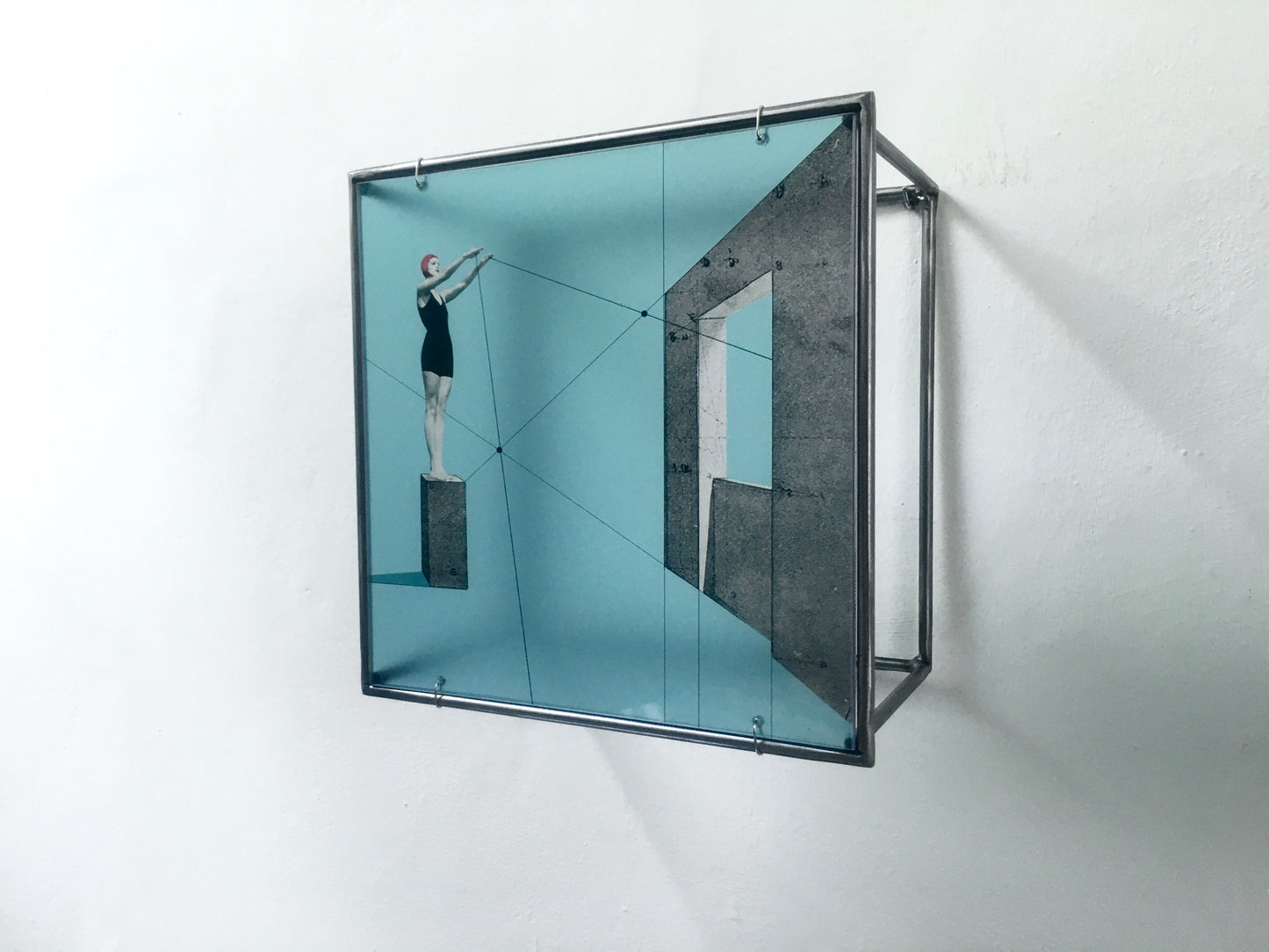 A Dive into the Blue, minimal metal sculpture, Constructivist style, original design