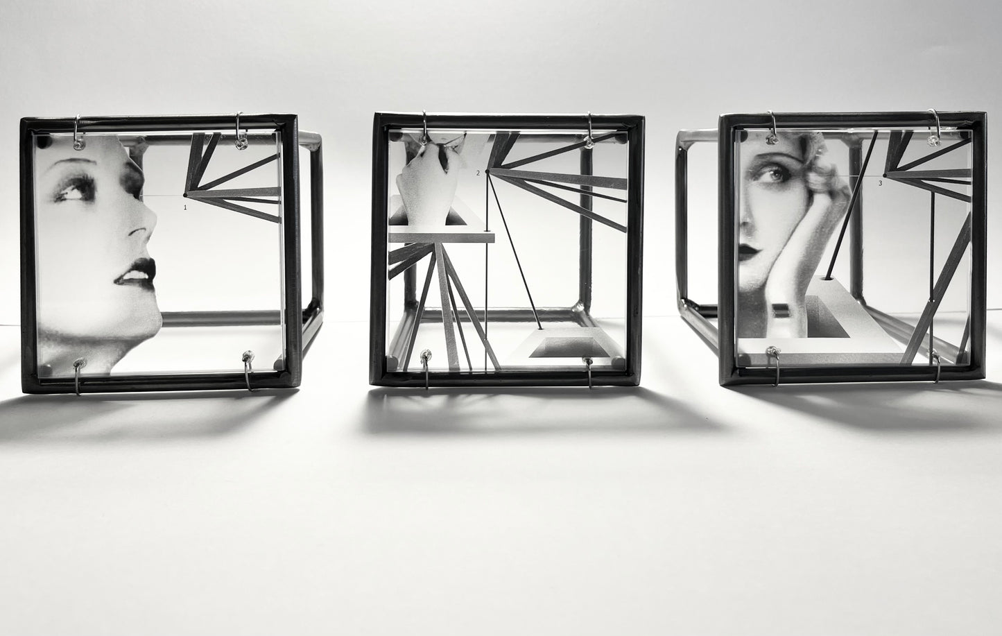 Keeping in Line, metal sculpture triptych, original design by artandshadow, Constructivism style
