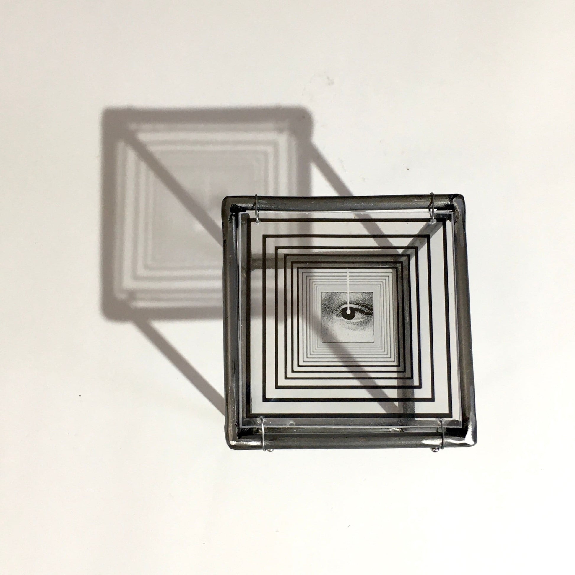 Home office decor with Op art style collage, original art composition. Metal wall, shadow art, small sculpture. Christmas, desk decor gift. - artandshadow
