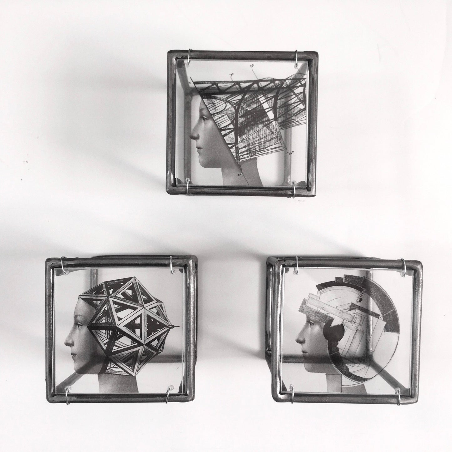 Metal, wall art triptych, Art and Shadow original collage, geometric, Renaissance portrait print. Aesthetic gift. - artandshadow