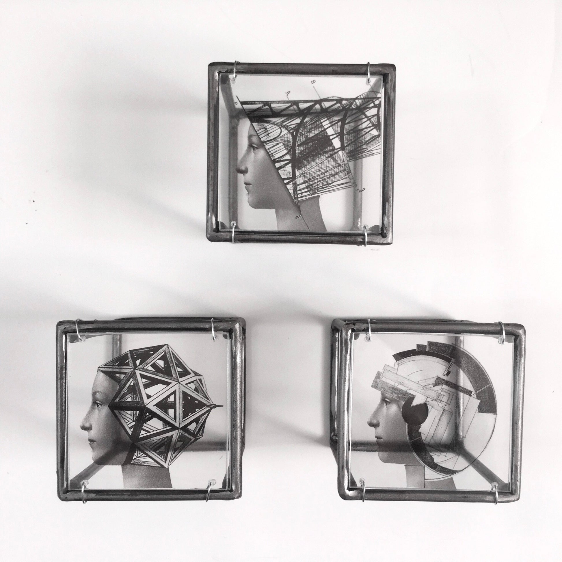 Metal, wall art triptych, Art and Shadow original collage, geometric, Renaissance portrait print. Aesthetic gift. - artandshadow