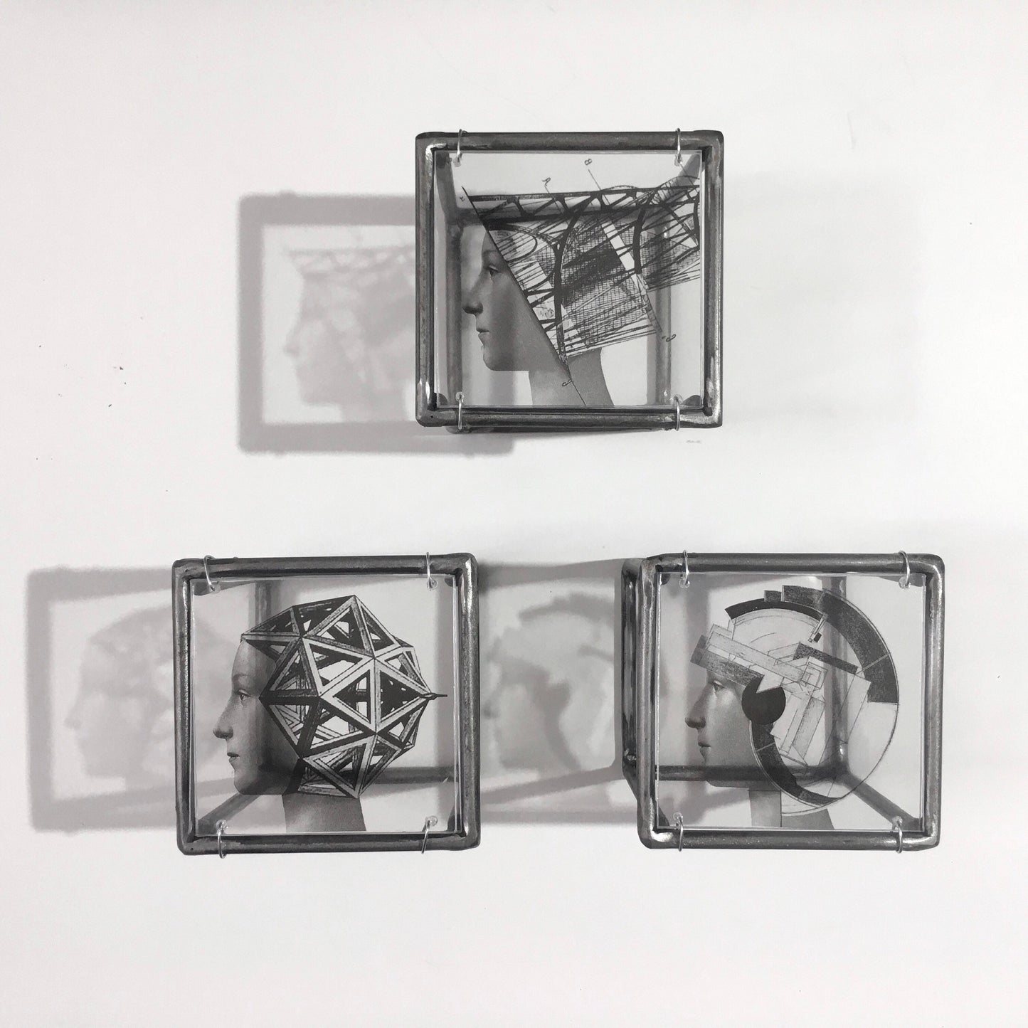 Metal, wall art triptych, Art and Shadow original collage, geometric, Renaissance portrait print. Aesthetic gift. - artandshadow