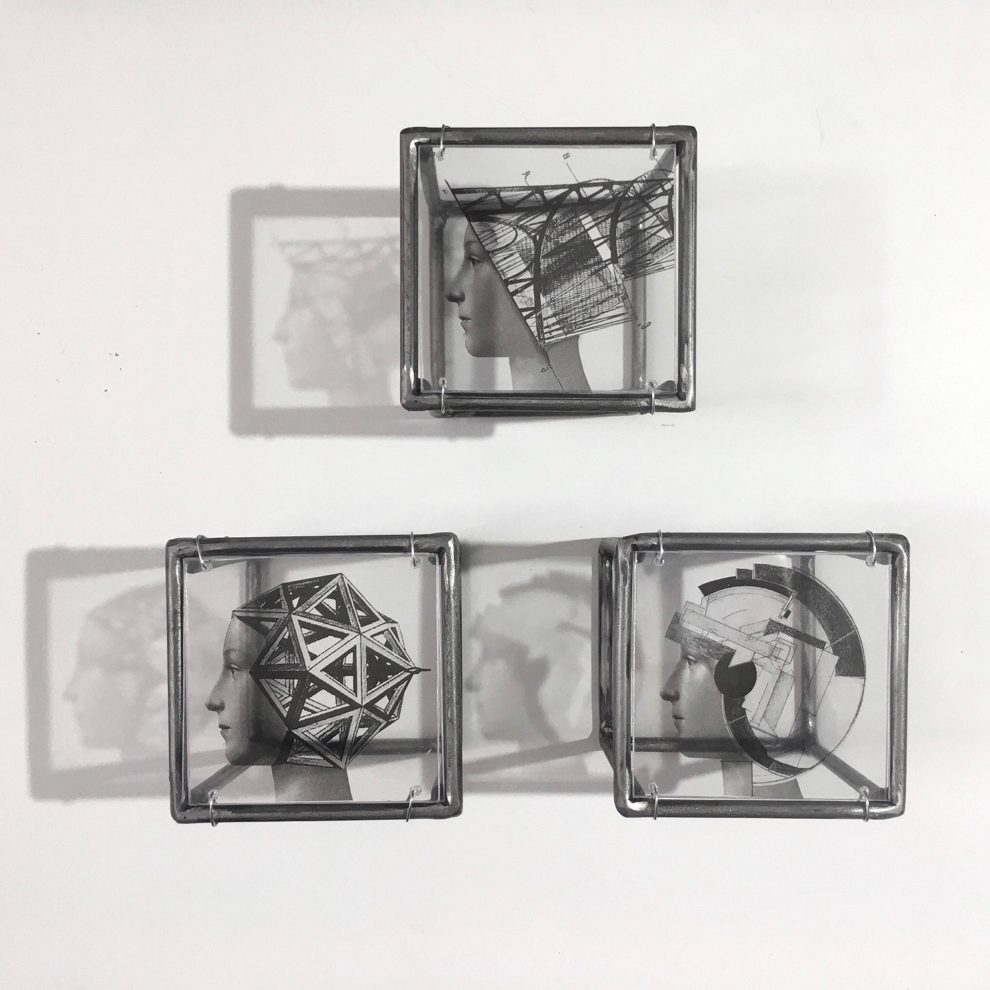 Metal, wall art triptych, Art and Shadow original collage, geometric, Renaissance portrait print. Aesthetic gift. - artandshadow