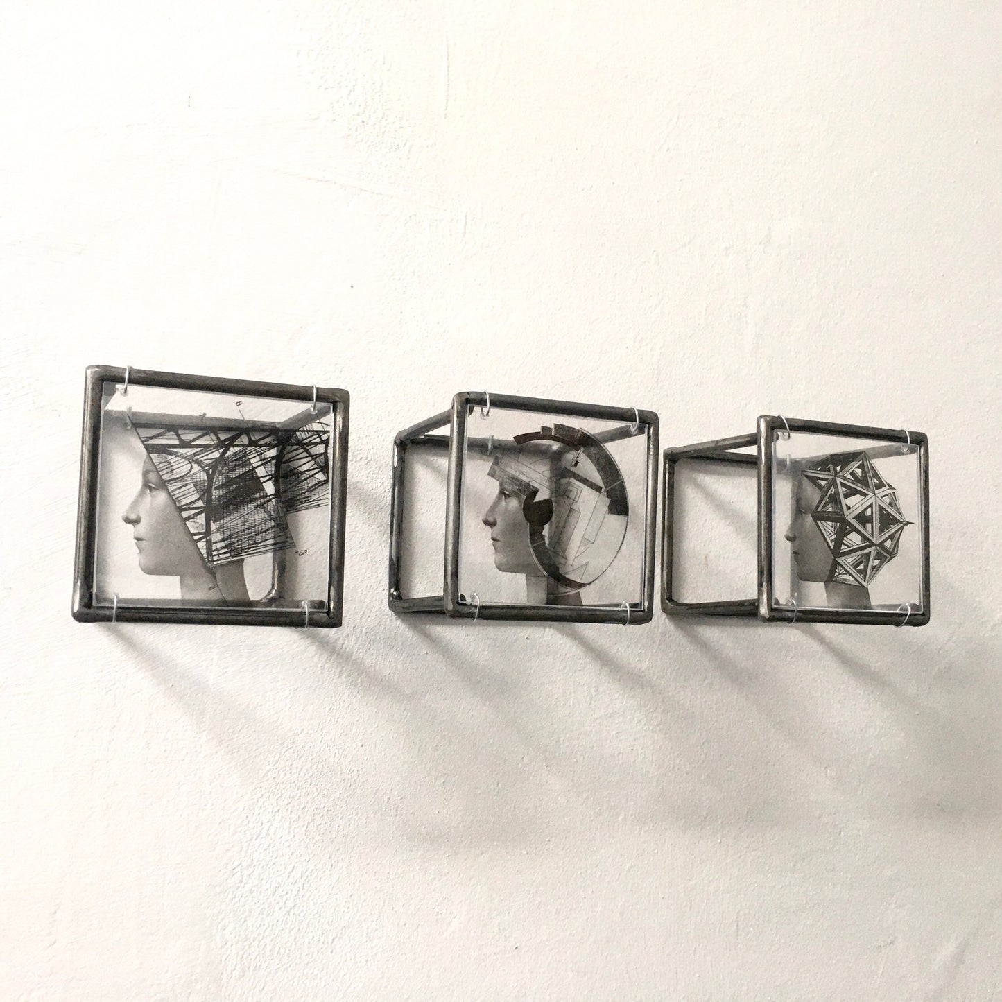 Metal, wall art triptych, Art and Shadow original collage, geometric, Renaissance portrait print. Aesthetic gift. - artandshadow