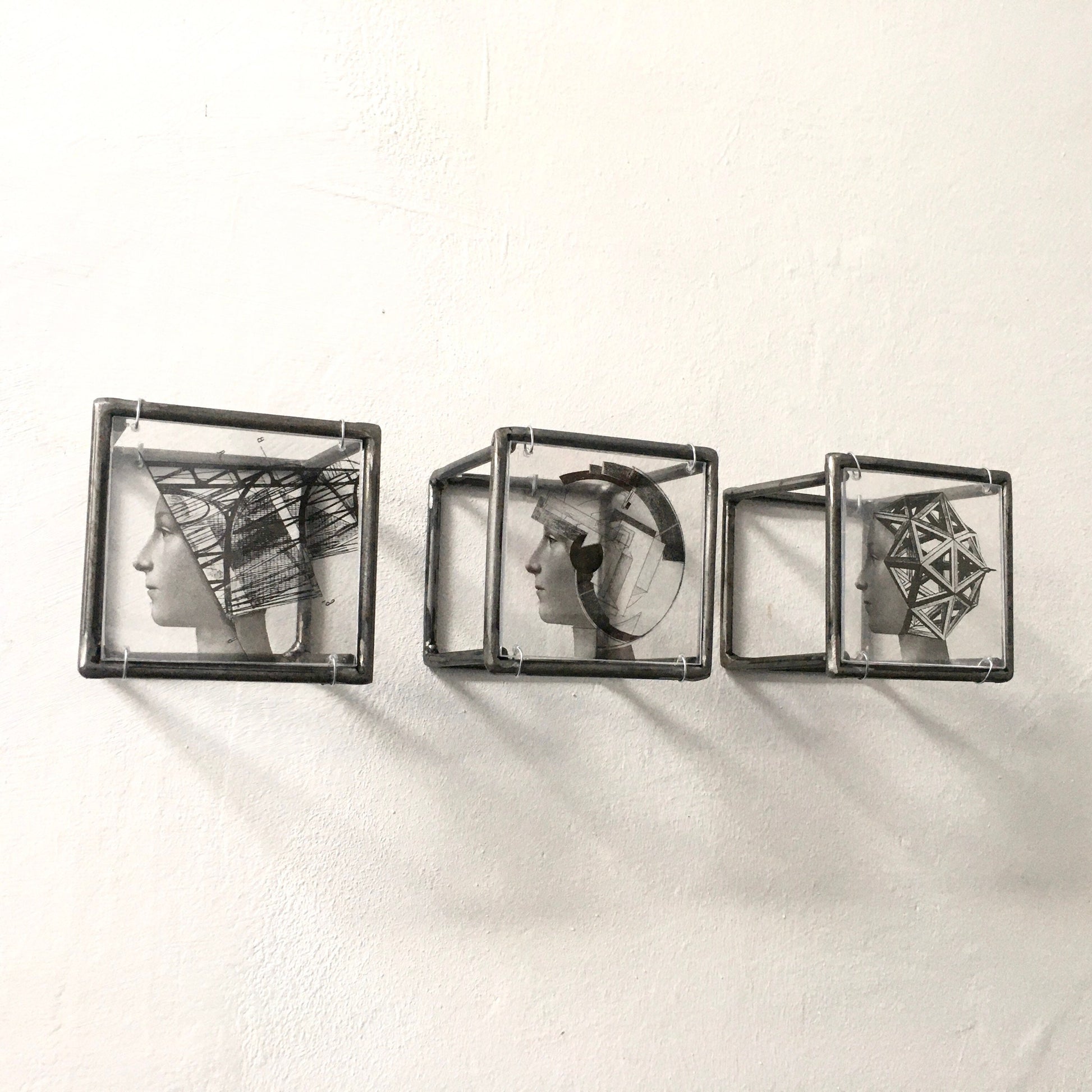Metal, wall art triptych, Art and Shadow original collage, geometric, Renaissance portrait print. Aesthetic gift. - artandshadow