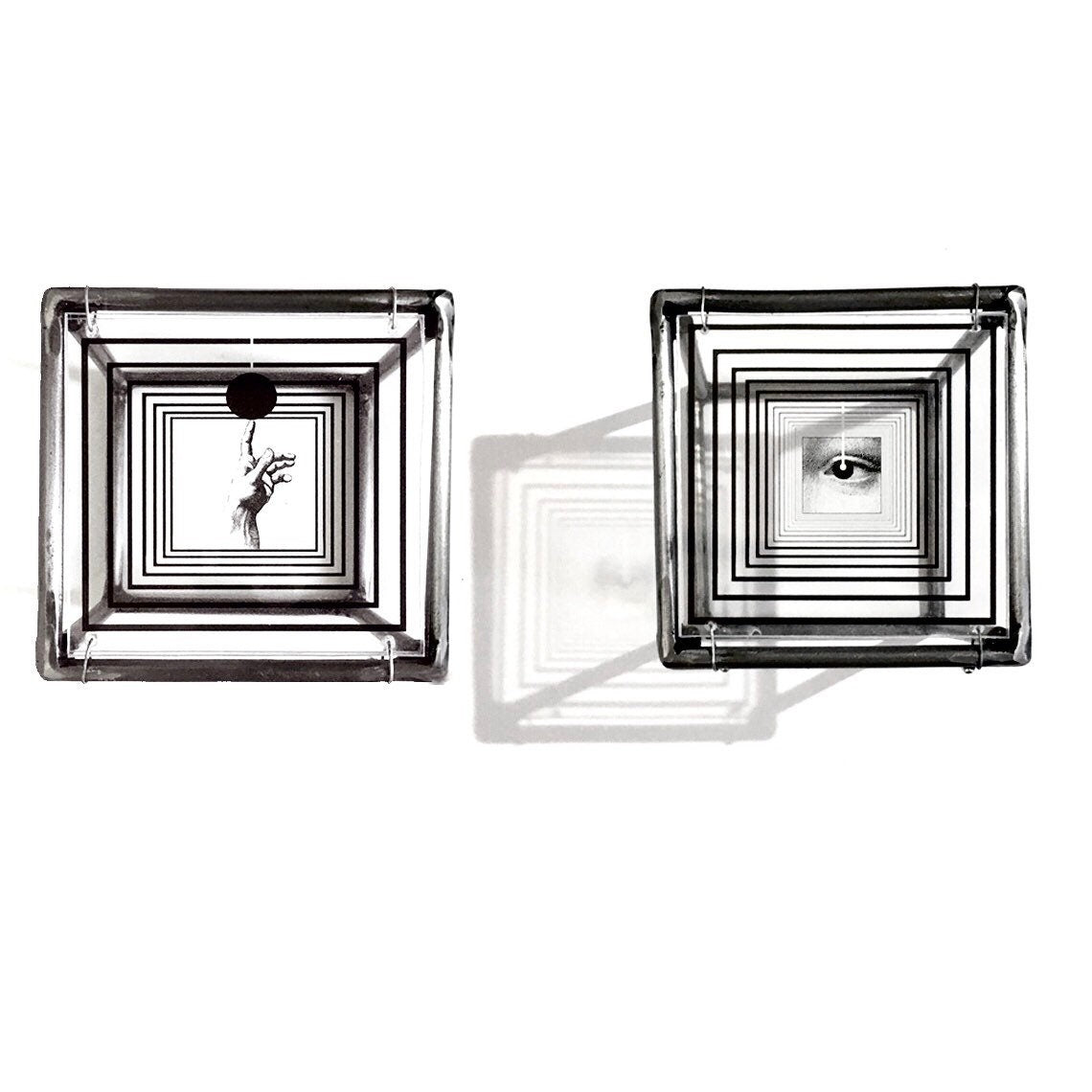 Wall art gift decor, set of two original art object sculptures, with hand and eye, op art collage in 3d metal sculpture. - artandshadow