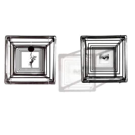 Wall art gift decor, set of two original art object sculptures, with hand and eye, op art collage in 3d metal sculpture. - artandshadow