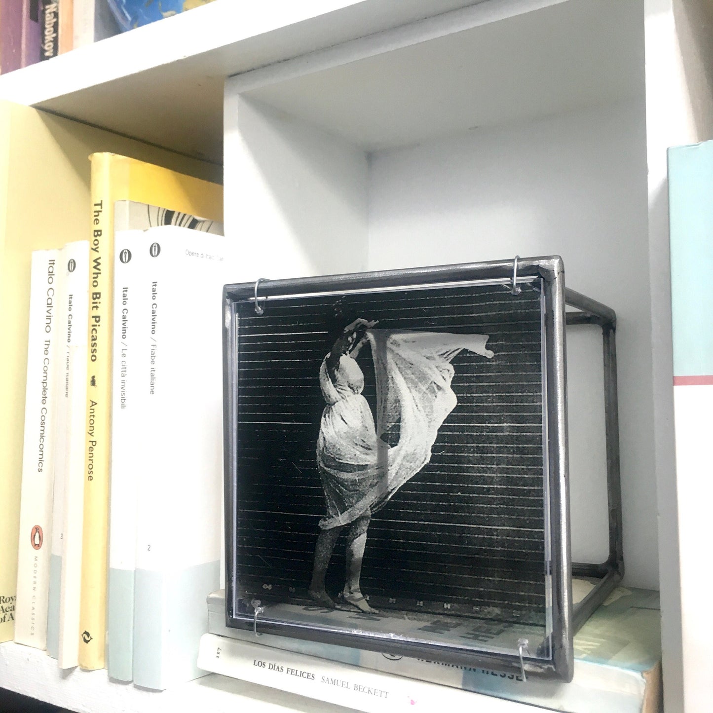 Eadweard J. Muybridge print of black and white photo “Women Dancing”. Artandshadow metal wall sculpture sensual gift in bookcase