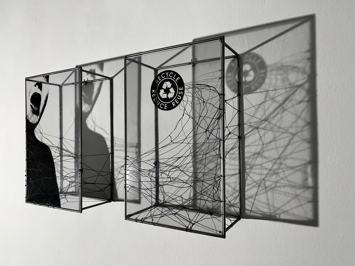 Reduce Reuse Recycling Words, metal wall art sculpture, light and shadow artwork