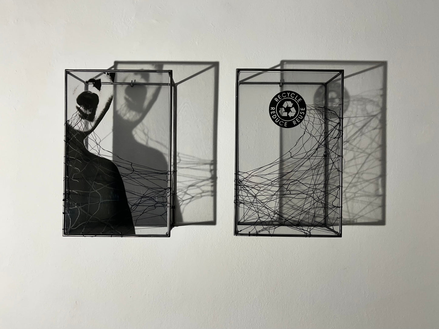 Reduce Reuse Recycling Words, metal wall art sculpture, light and shadow artwork