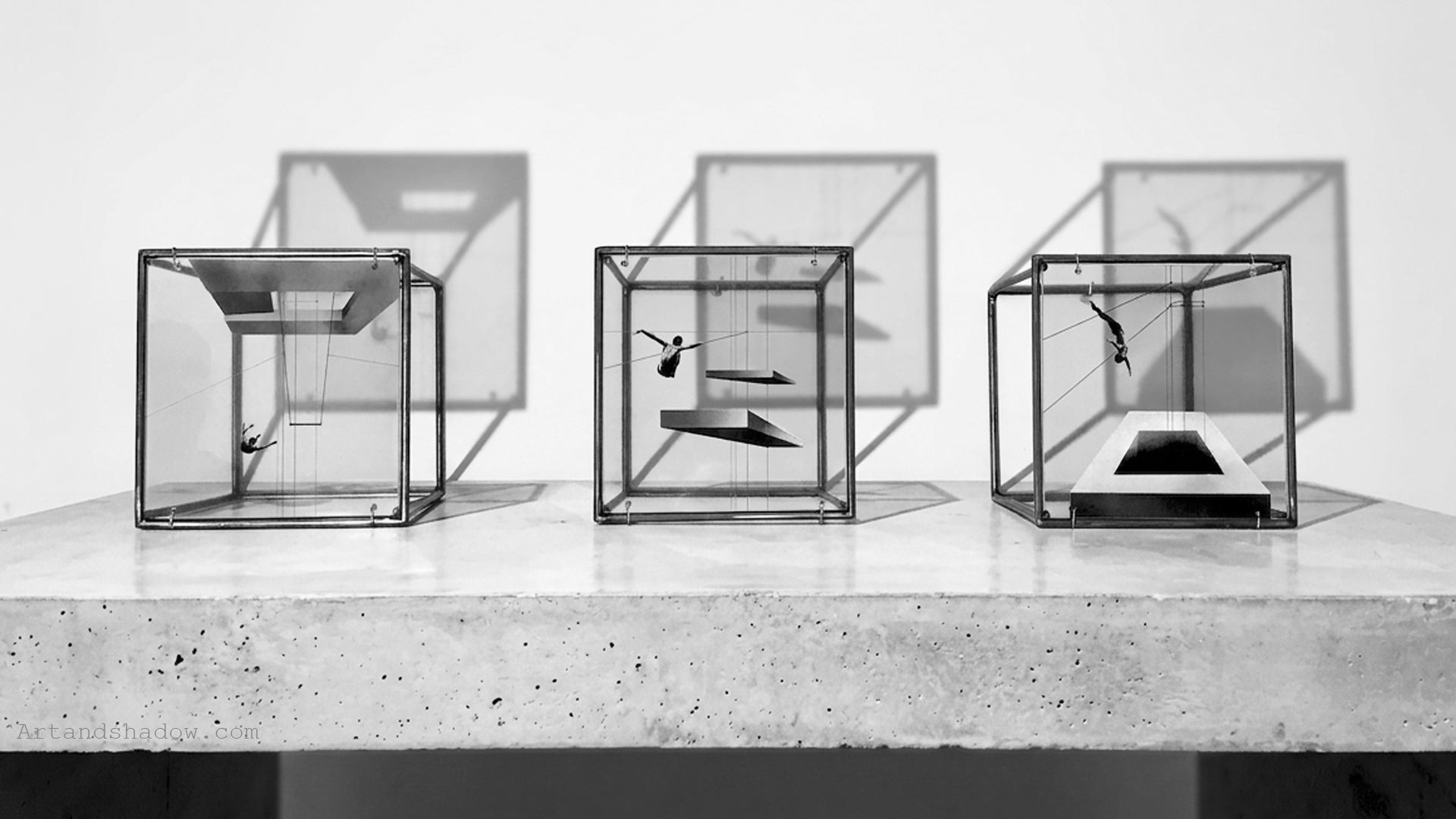 # three piece of constructivist art photomontage style printed image on acylic glass with strong shadow effect on white wall. Modern Interior Metal Wall Art Sculpture The Perfect Recovery: Limited Edition Shadow Triptych Artandshadow