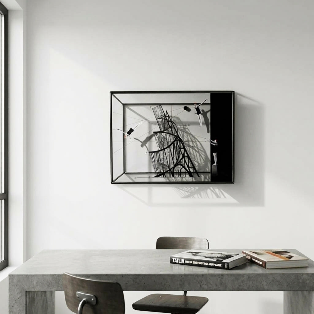 #Constructing a Dive metal wall sculpture by Furst_Ori, featuring Tatlin’s Tower and swimmers on transparent acrylic, casting shadows above a concrete table