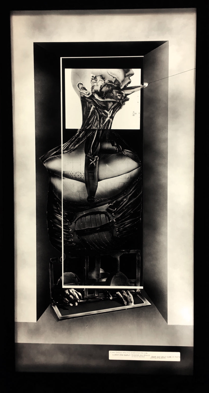 # multiple panel hand painted acrylic glass in a wood framed light box. Close up of tormented figure. Original Fine Art Sculpture A More Complex Oedipus: Monumental Hand-Painted Lightbox FURST_ORI