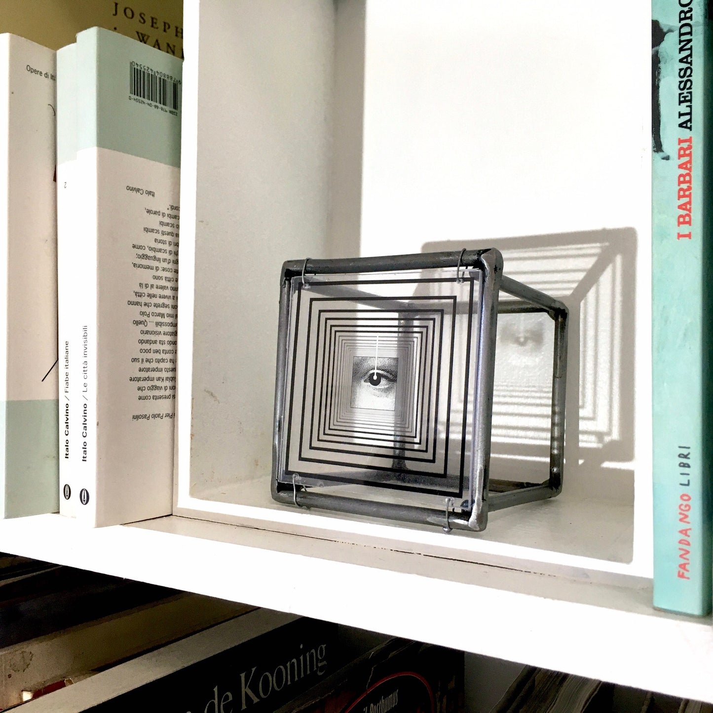 Home office decor with Op art style collage, original art composition. Metal wall, shadow art, small sculpture. Christmas, desk decor gift. - artandshadow