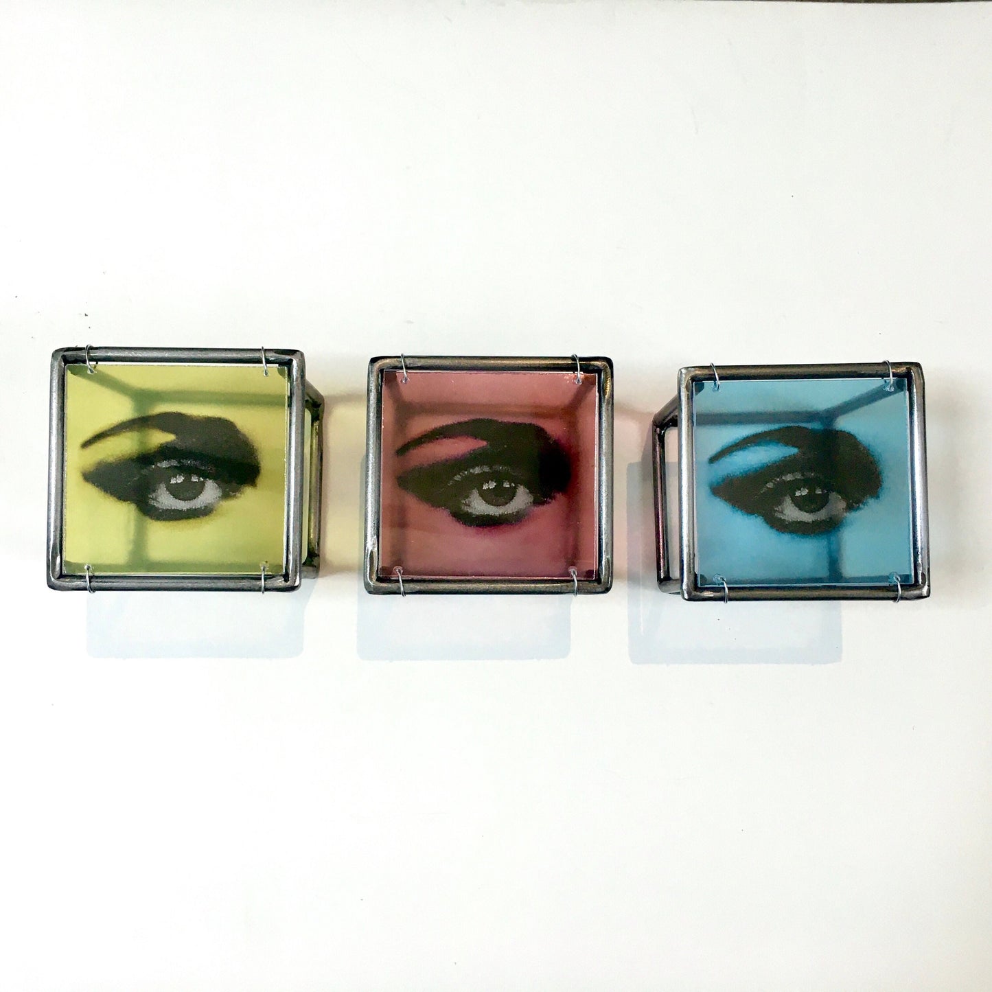 Pop art style, red, blue and yellow eyes. Cubic, metal wall sculpture. Art and shadow, home decor gift. - artandshadow