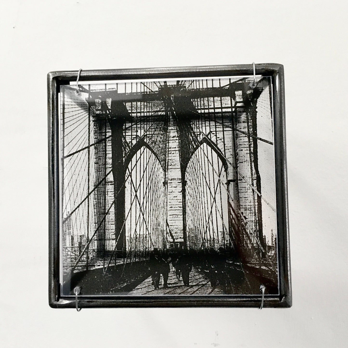 Wall art, metal sculpture with Brooklyn Bridge, clear print from vintage photo. Christmas gift. - artandshadow