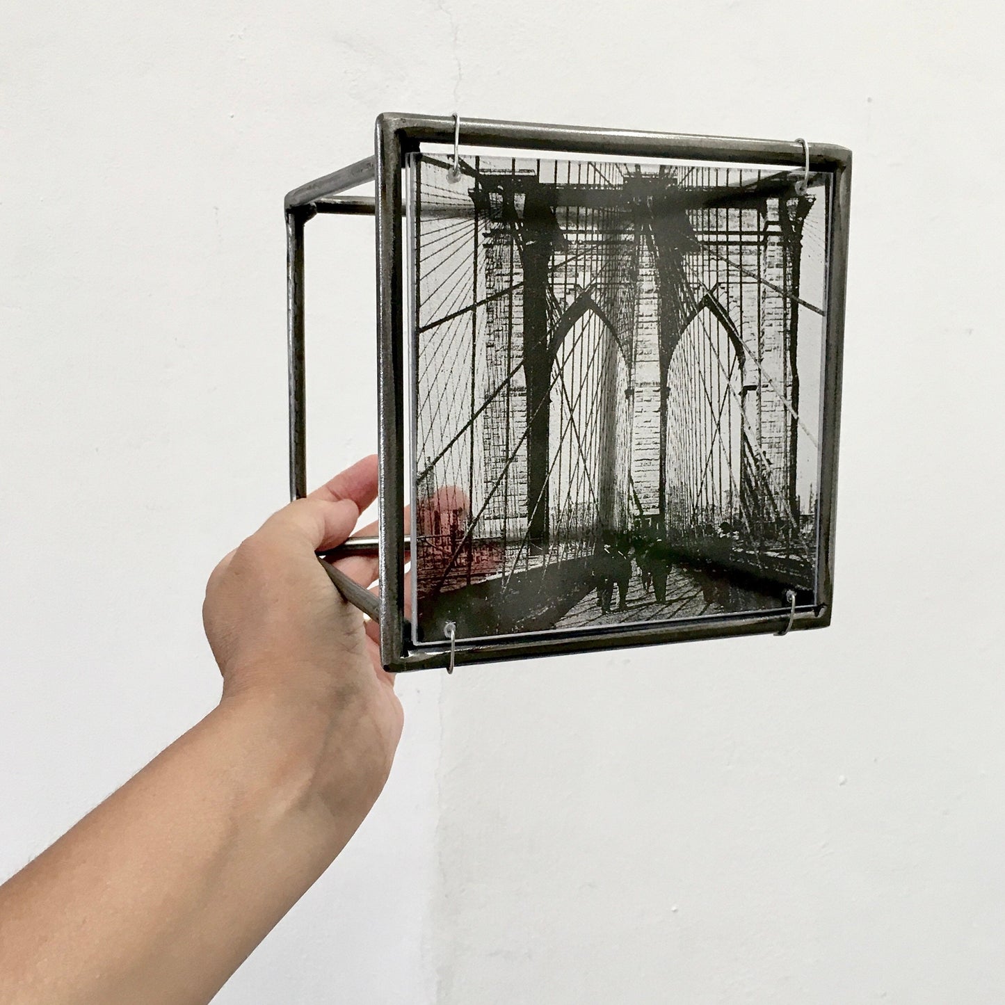 Wall art, metal sculpture with Brooklyn Bridge, clear print from vintage photo. Christmas gift. - artandshadow