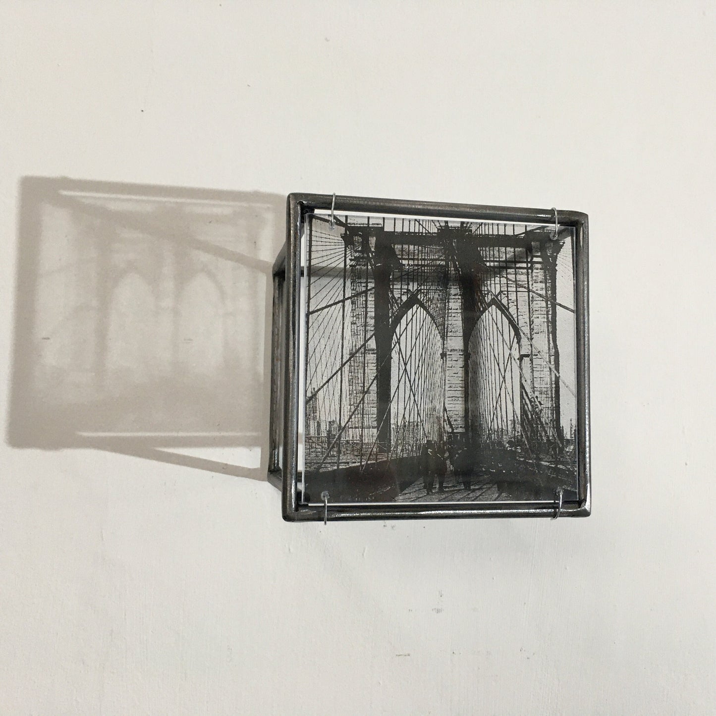 Wall art, metal sculpture with Brooklyn Bridge, clear print from vintage photo. Christmas gift. - artandshadow