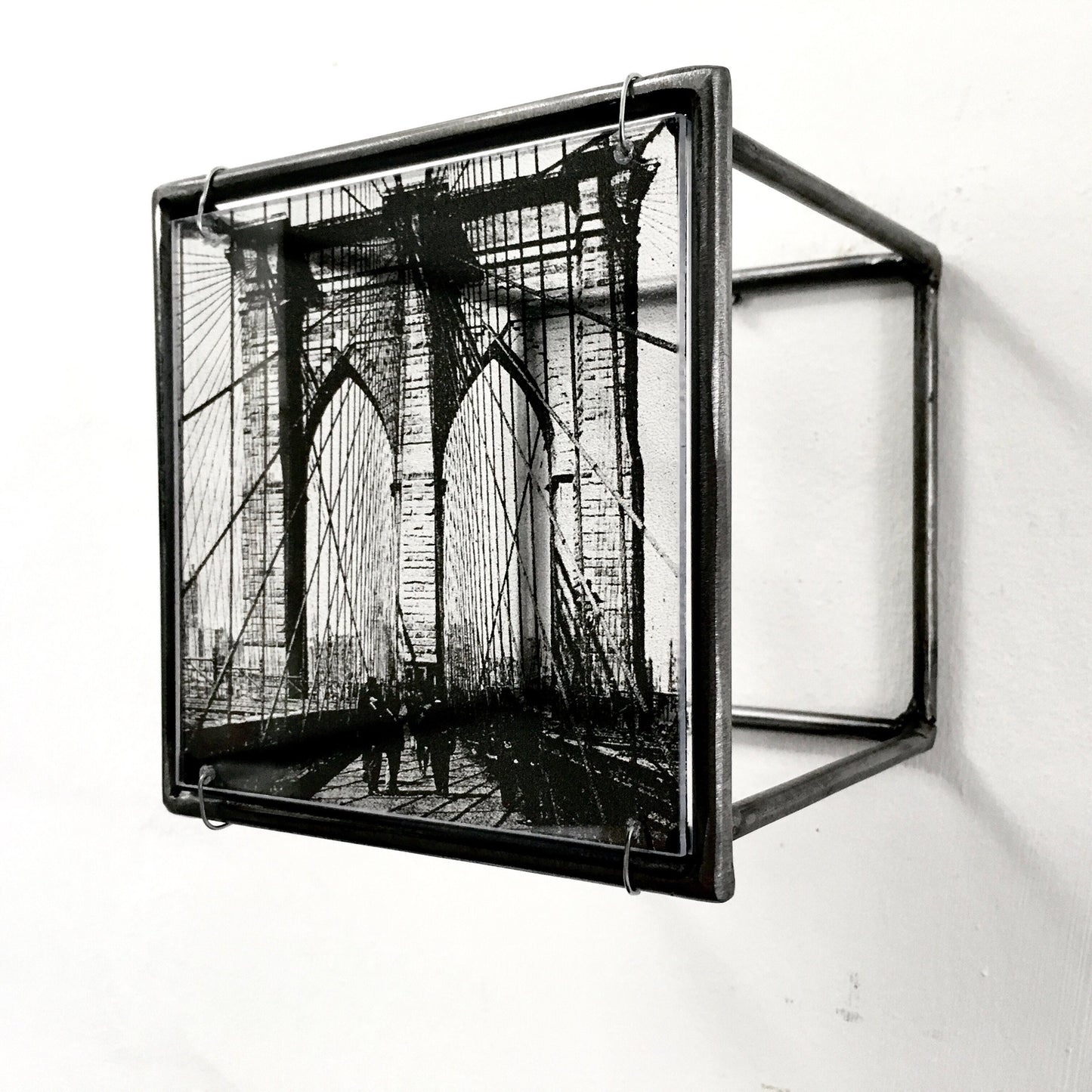 Wall art, metal sculpture with Brooklyn Bridge, clear print from vintage photo. Christmas gift. - artandshadow