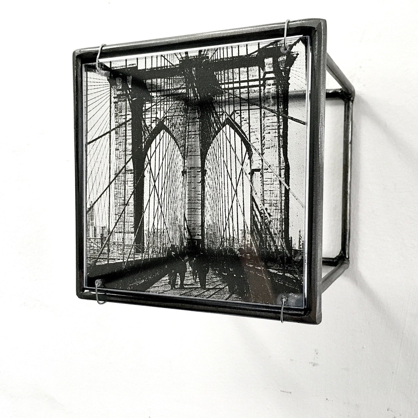 Wall art, metal sculpture with Brooklyn Bridge, clear print from vintage photo. Christmas gift. - artandshadow