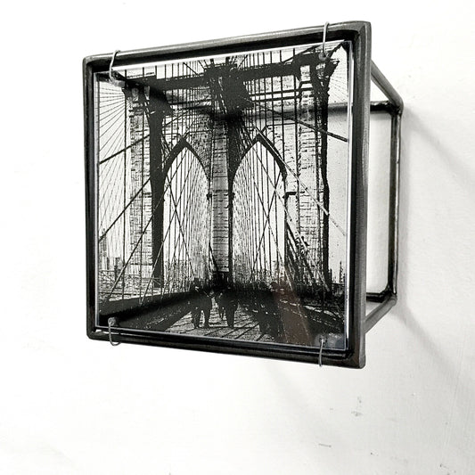 Wall art, metal sculpture with Brooklyn Bridge, clear print from vintage photo. Christmas gift. - artandshadow