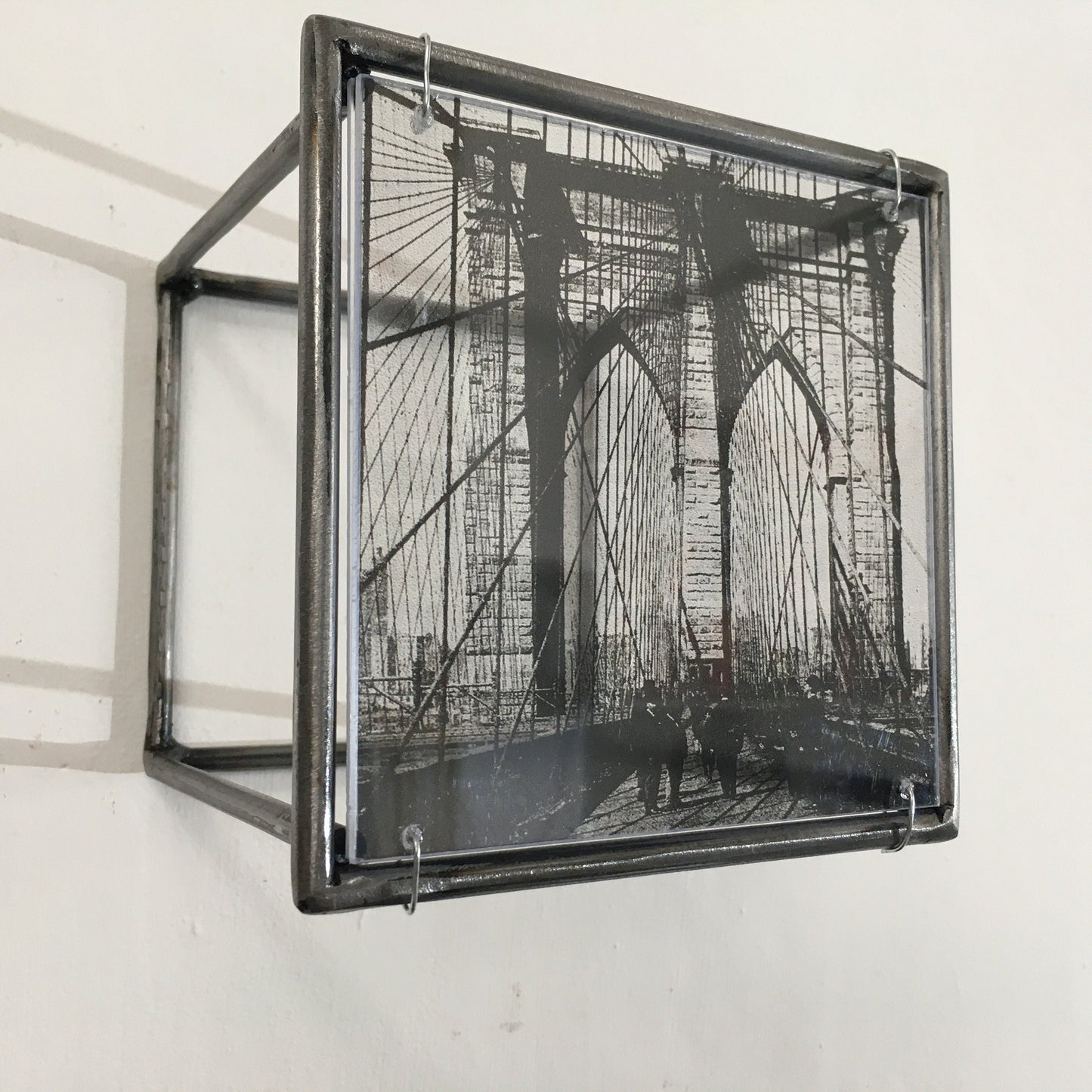 Wall art, metal sculpture with Brooklyn Bridge, clear print from vintage photo. Christmas gift. - artandshadow