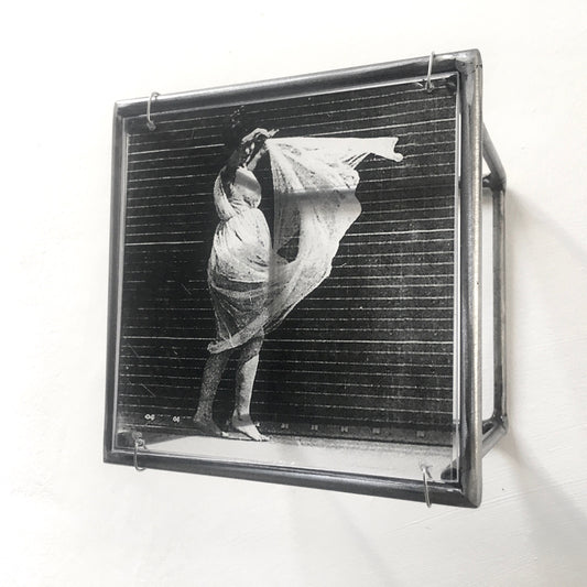 Eadweard J. Muybridge print of black and white photo “Women Dancing”. Print in artandshadow metal wall sculpture